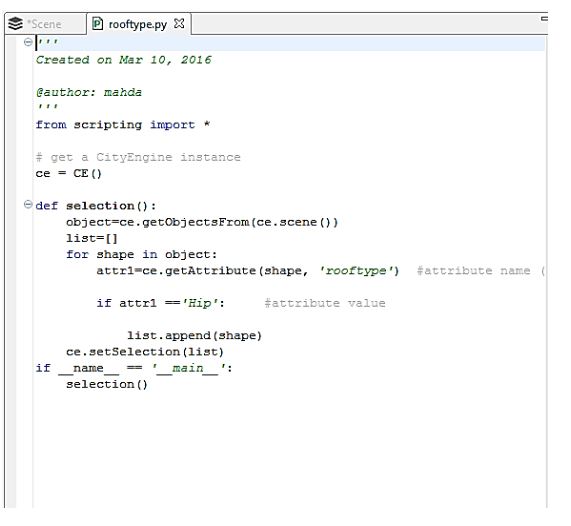 Screenshot of python script for 'select by attribute on roof type'