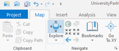 Map tab, navigate group, explore button