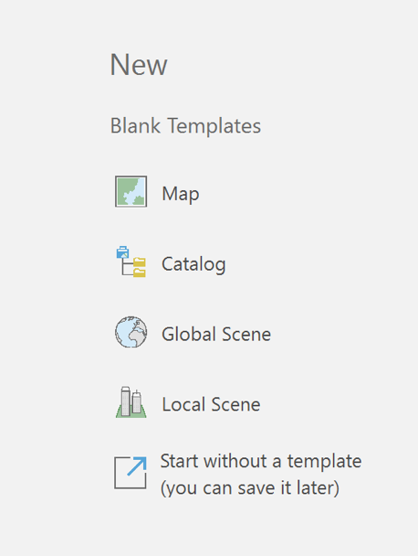 Templates List: New, Blank, Map, Catalog, Global Scene, Local Scene, Start w/o Template
