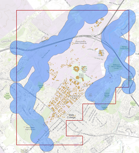 Screenshot of campus map with buffer settings as described.