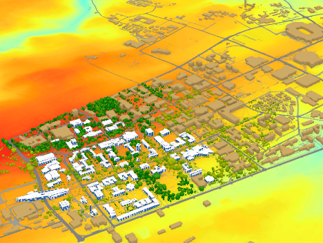 Screenshot showing campus with elevations, higher elevations in warmer colors.