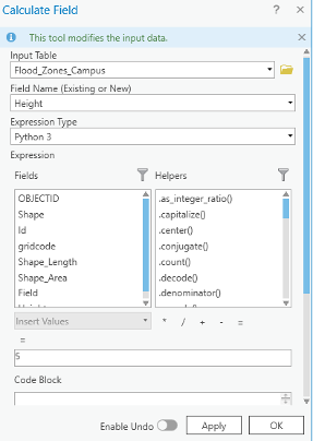 Screenshot of Geoprocessing, calculate field screen, with settings as described.