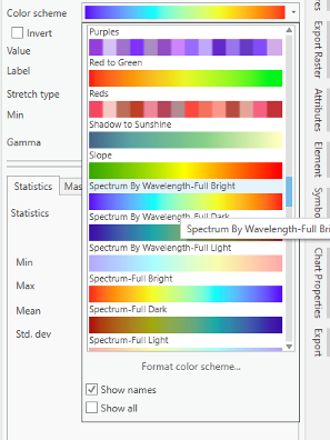 Screenshot of color scheme menu, with Spectrum by Wavelength-Full Bright selected.