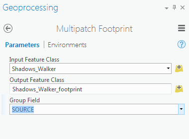 Screenshot of mulitpatch footprint menu, parameters, environments.