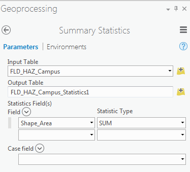 Screenshot of Geoprocessing Summary Statistics menu with selections as described.