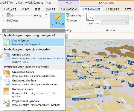 Screenshot of top menu with symbology, unique values selected, campus map is off to the right.