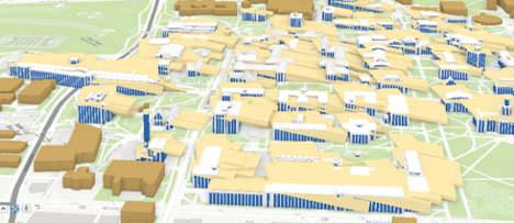 Screenshot of campus map showing sun shadow selections. 