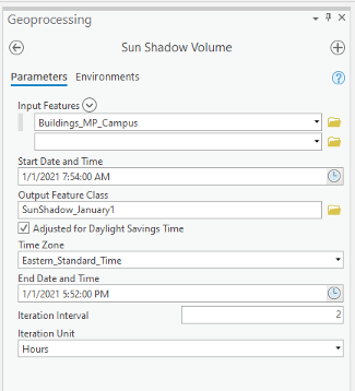 Screenshot of sun shadow volume menu.
