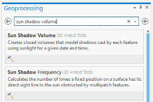 Screenshot of Geoprocessing menu, sun shadow selected.
