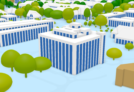 Screenshot of walker building and nearby buildings in 3D with flood waters surrounding.