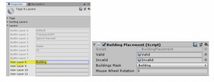 Screenshots: Tags and Layers (left) and Building Placement (right)