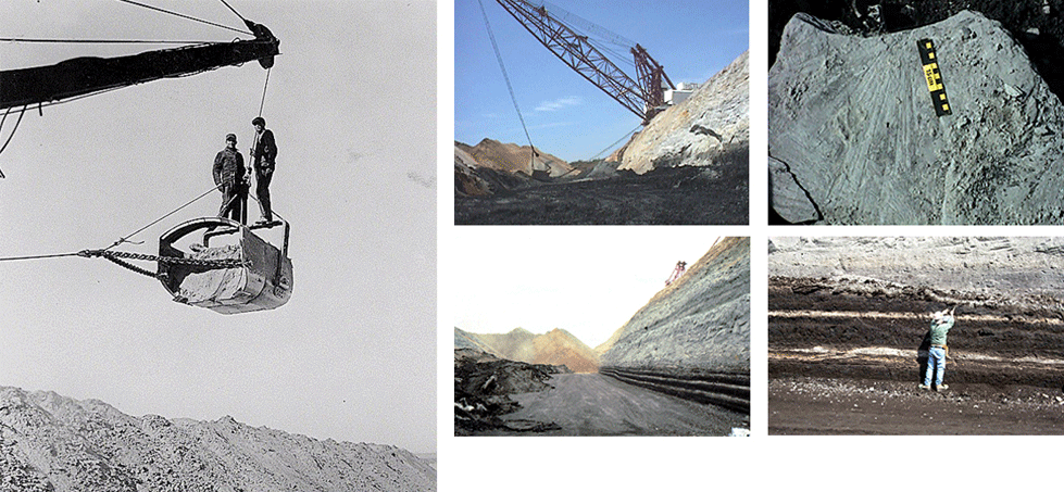 Five pictures.  1.  A drag line or crane with a shovel. 2-4.  Gulf Coast lignite mine.  See detail in the text alternative document.