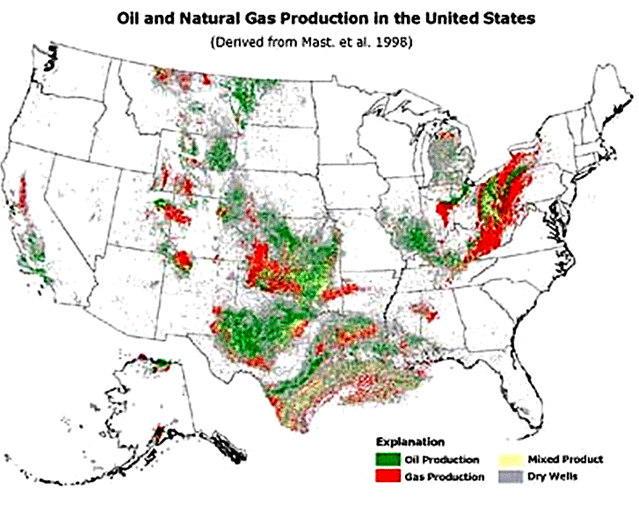 USGS map of the oil, gas and dry holes in the US.