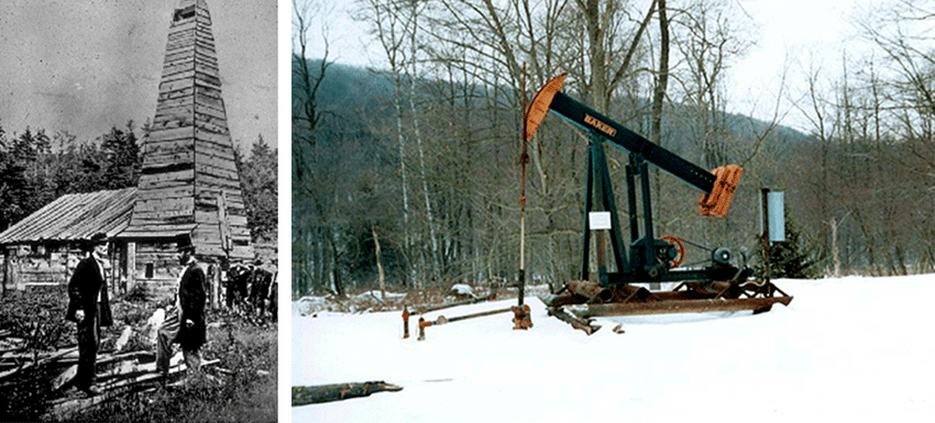 2 pics.  1. World’s first oil well – a wooden shed with people standing in front.  2.  Modern PA oil well – mechanical drilling device.
