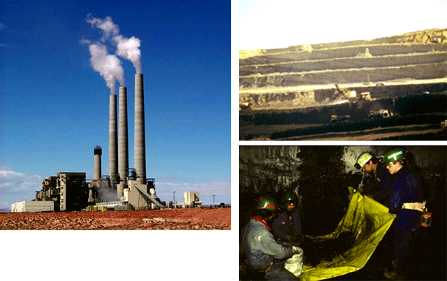 Three pictures. 1.  Coal fired power plant. 2.  A coal mine.  3.  Scientists in a coal mine taking a coal sample.