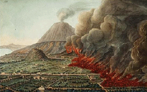 Artists rendering of Atlantis with volcano erupting and people running away.