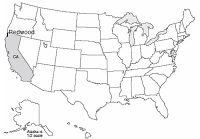 Map of U.S. with Redwood National Park highlighted in the northwesternmost corner of California.