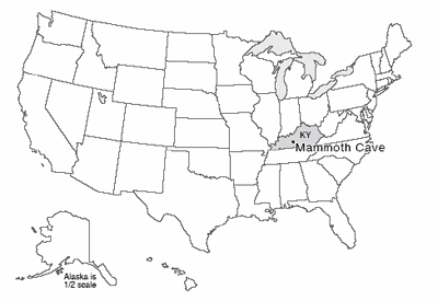 Map of U.S. with Mammoth Cave National Park highlighted in roughly-central Kentucky.
