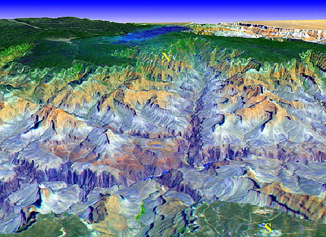 Satellite-generated oblique view of the Grand Canyon looking across the South Rim village toward the North Rim village.