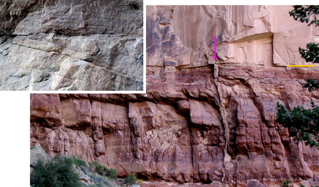 A rock formation.  Bottom is a 100 ft high cliff of Hermit Shale (bottom of rock) with  Coconino Sandstone on top.