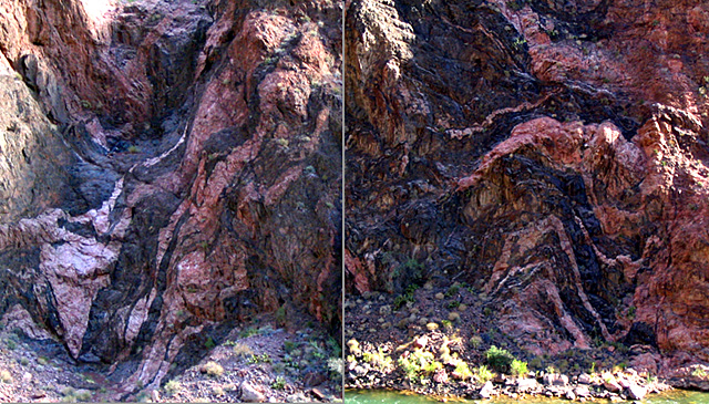 views of the N. side of the Colorado River showing pink Zoroaster granite intruded into Vishnu Schist.