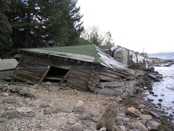 A house that ws knocked down and flooded by the earthquake