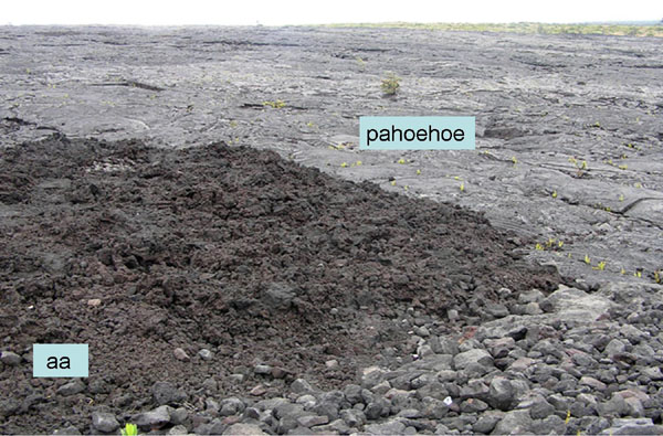 Close up of lava Pahoehoe (sloid) and aa (looks crumbly)