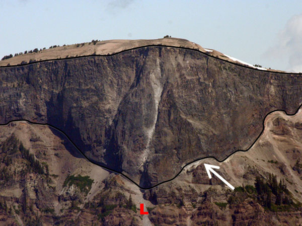 White pumice (arrow) and Llao Rock (black outline)