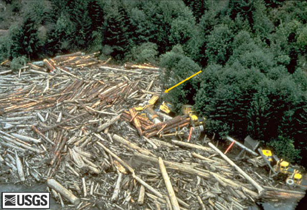 A destroyed logging camp including huge pile of logs and multiple full sized logging trucks.  Destruction by a flood created by a landslide