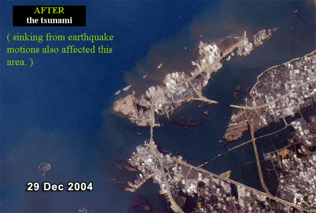 Aceh, NW Sumatra, Indonesia: AFTER the tsunami.  Large parts of the land are under water.  Sinking from earthquake motions also affected this area.
