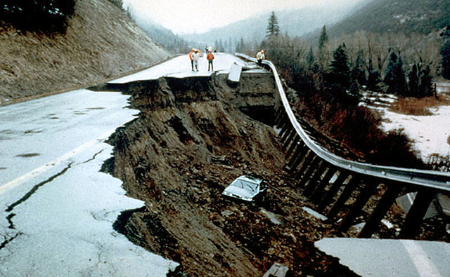 A car in the mud of a 1994 landslide near McClure Pass, Colorado
