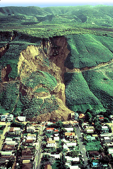 Arial view of 1995 landslide at La Conchita, California along highway 101