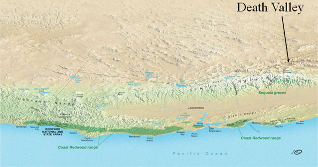 Topographical map showing Coast Redwood range with arrow pointing to Death Valley behind the mountain range