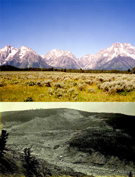 Two contrasting images: Top photo of Grand Tetons. Bottom photo of Gros Ventre slide