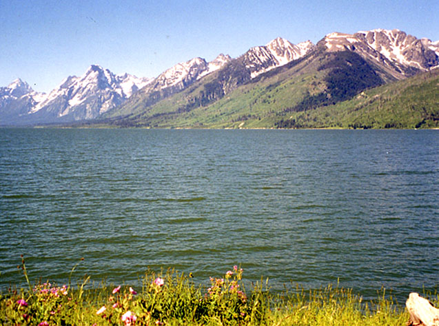 Grand Tetons with lake in the forefront