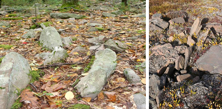 Side-by-side images of large bands of rocks.  Bear Meadows on the left and Greenland on the right.