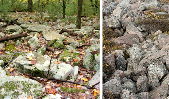 Side-by-side images of large bands of rocks.  Bear Meadows on the left and Greenland on the right.