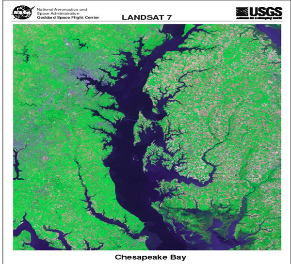 Satellite image of Chesapeake Bay, an old river valley that was flooded by the rising sea as the ice-age ice sheets melted. 