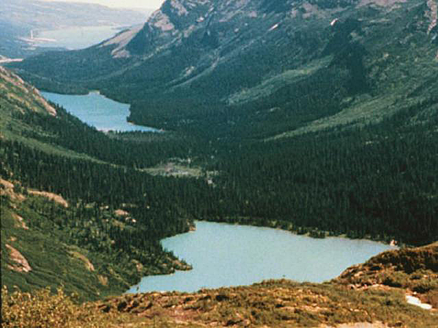 Glacier National Park. Valley with green mountainsides and two paternoster lakes in view.