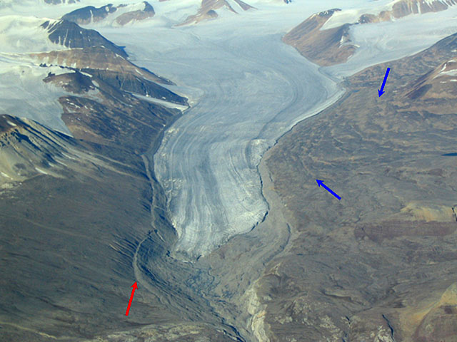 Glacier in east Greenland, with high-elevation accumulation zone, low-elevation ablation zone, and older, lower elevation moraines. 