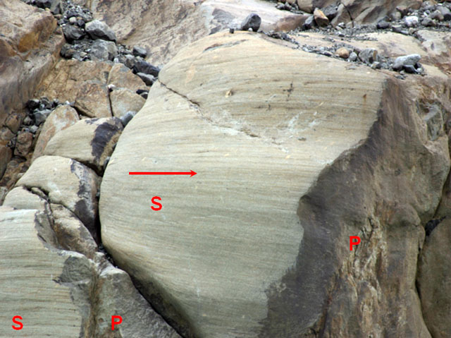 Glacially abraded and plucked rock in fjord wall S. Greenland. Arrow shows ice came from left. “S” marks scratched area, “P” plucked area.