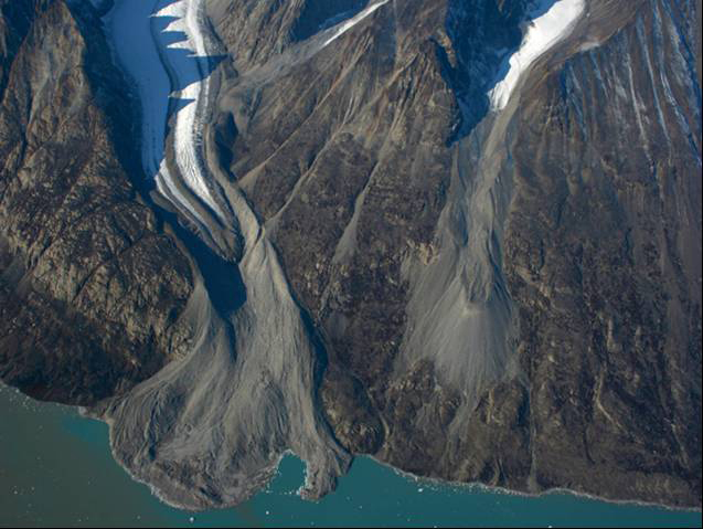 Arial view of moraines around retreating glaciers, Aple Fjord, NE Greenland National Park.