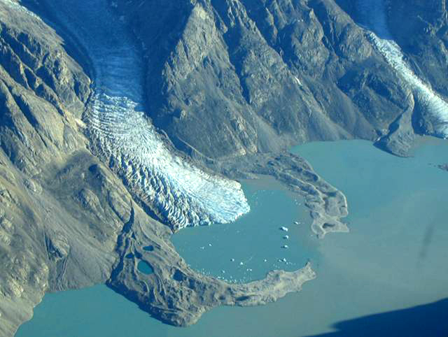 Arial view of moraines around retreating glaciers, NE Greenland National Park.