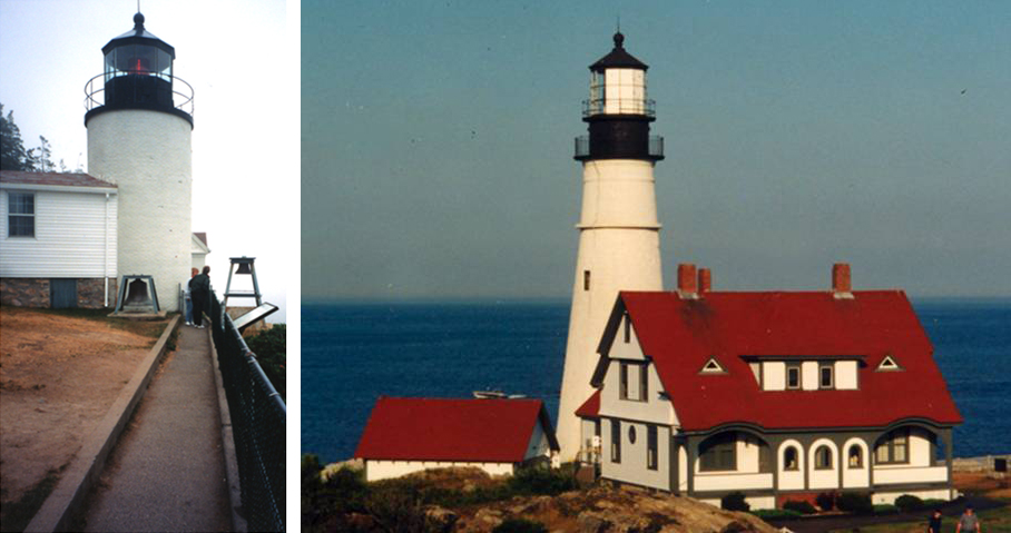 On left, path leading to Bass Harbor Head Lighthouse. On right, Portland Head Lighthouse, two red roofed buildings, ocean in background