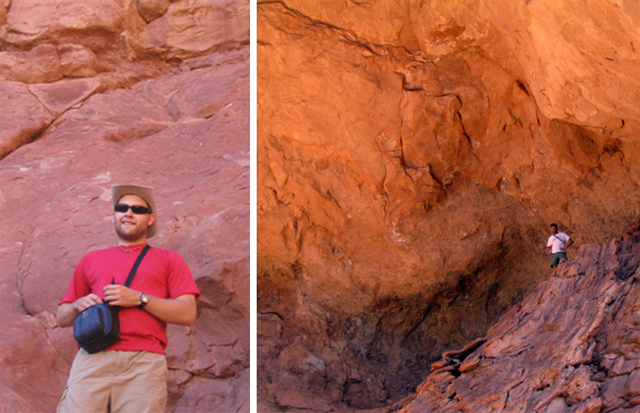 Two pictures of men standing close to Double Arch.