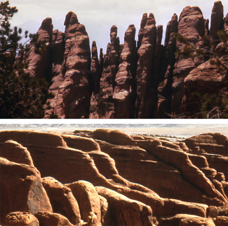 End on view of fins at Devils Garden, Arches NP and an angled view of fins at Devils Garden, Arches NP.