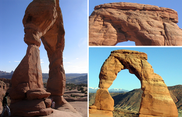 Three images of Delicate Arch.  One shows bedding at the top of the arch.