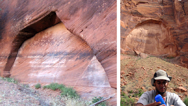 Two pictures of arch shaped amphitheaters created by falling fins in sandstone.