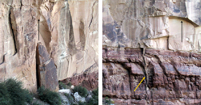 Two pictures of rocks that have fallen and the arch shaped scars they left in the stone cliff above.