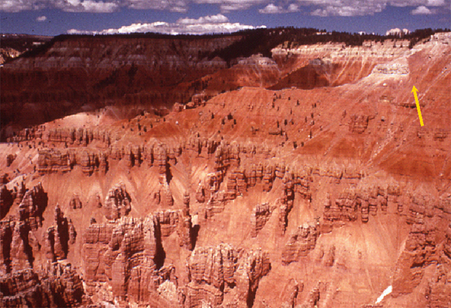 Cedar Breaks National Monument has same limestone and age as Bryce.  A small  fault has offset the white layer in the upper right corner.